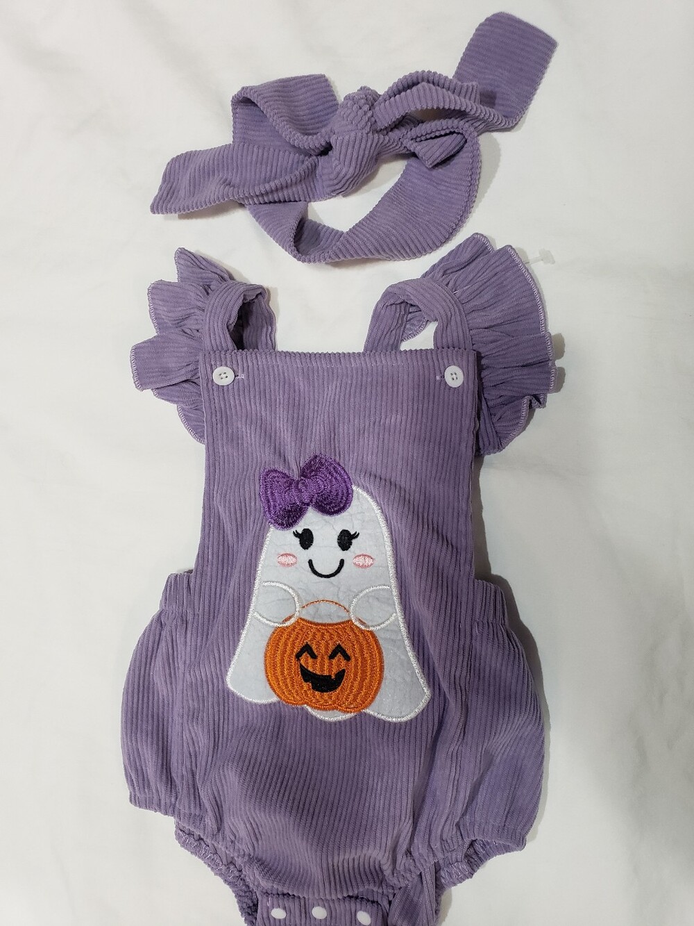 6-12months Baby Purple Halloween  Romper Embroidered Ghost Pumpkin+hair Tie